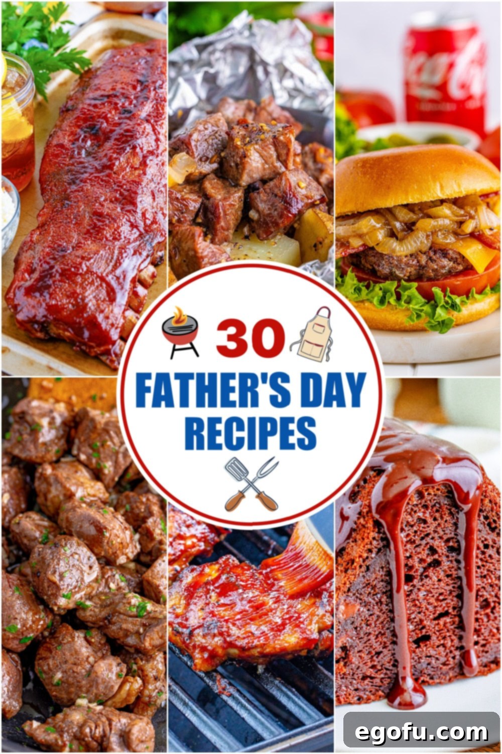 Celebrating Dad with Delicious Meals 2 A collage of various delicious Father's Day recipes including grilled meats, sides, and desserts, with text that says
