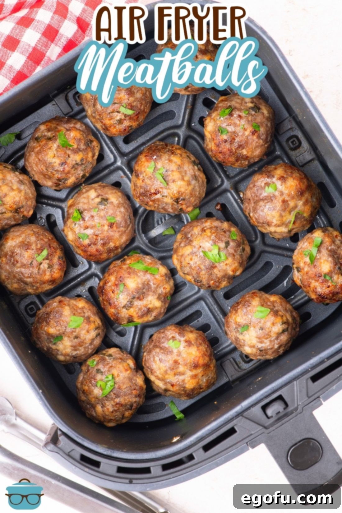 Effortlessly Delicious Air Fryer Meatballs 4 Looking down on an Air Fryer basket with meatballs.