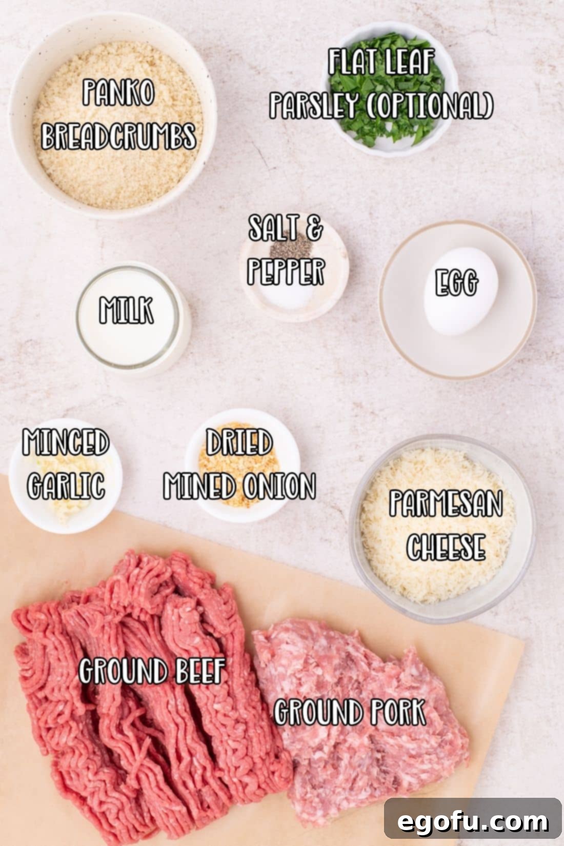 Effortlessly Delicious Air Fryer Meatballs 5 Ground beef, ground pork, milk, parmesan cheese, dried minced onion, minced garlic, parsley, egg, salt, pepper, and Panko.