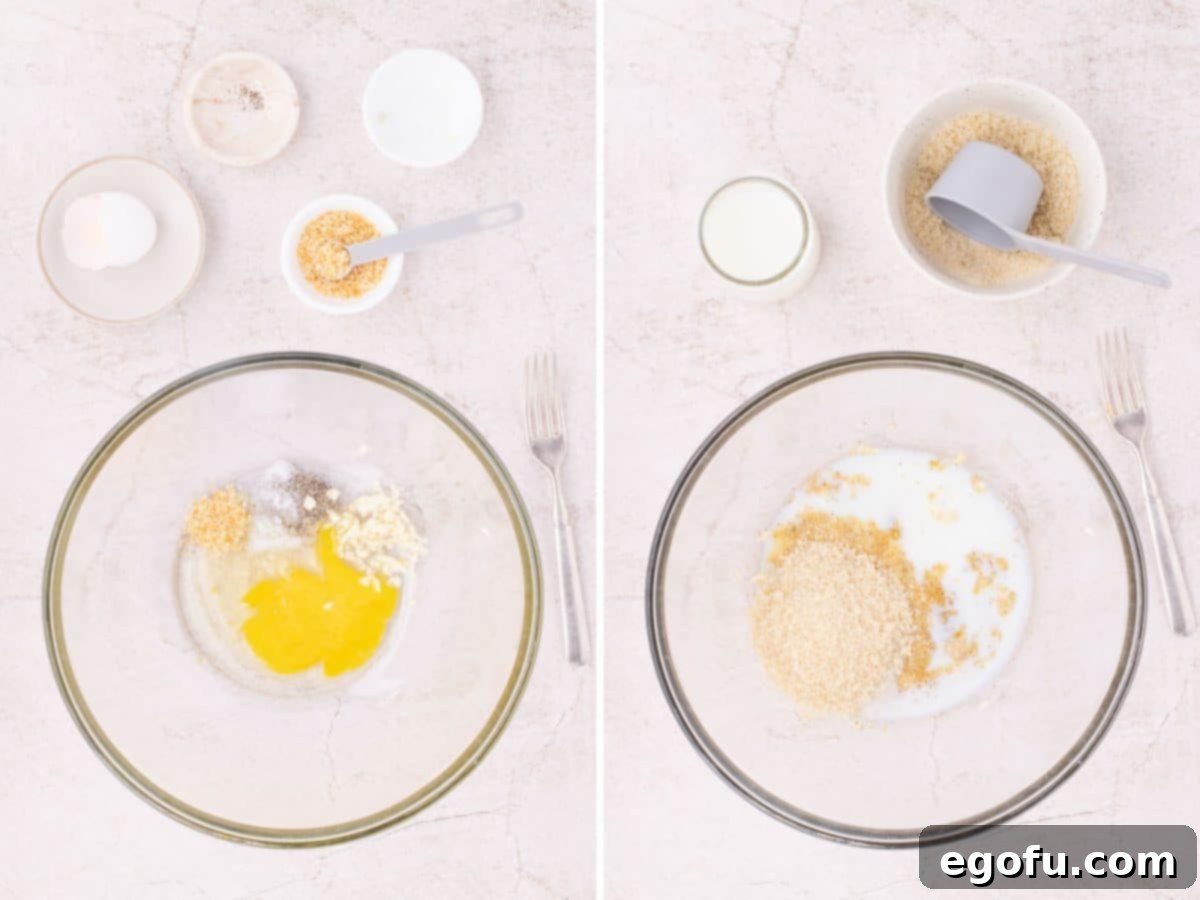 Effortlessly Delicious Air Fryer Meatballs 6 A bowl with egg, garlic, minced onion, salt, and pepper and a bowl with Panko, egg, garlic, minced onion, salt, and pepper.