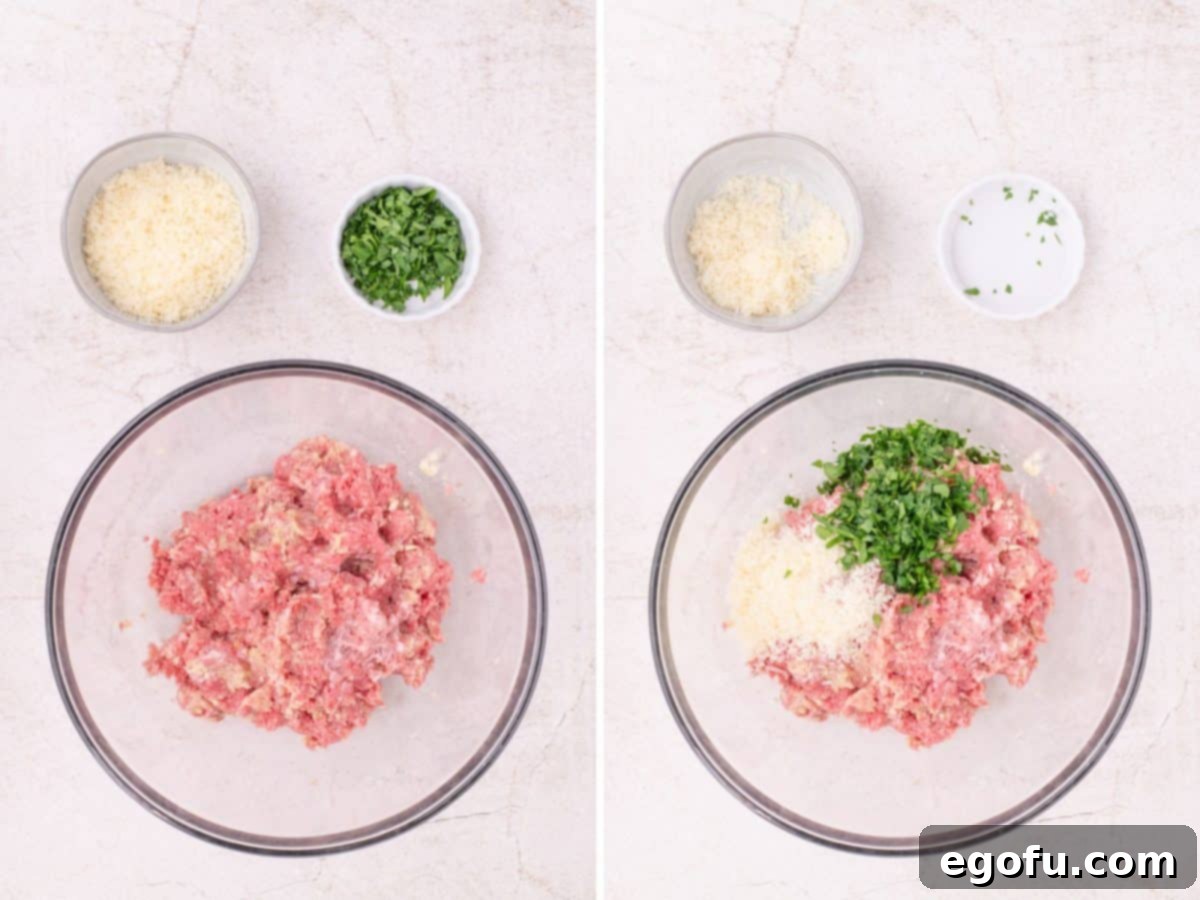 Effortlessly Delicious Air Fryer Meatballs 7 Ground meat with the spices and a bowl of ground pork, beef, parmesan and parsley.