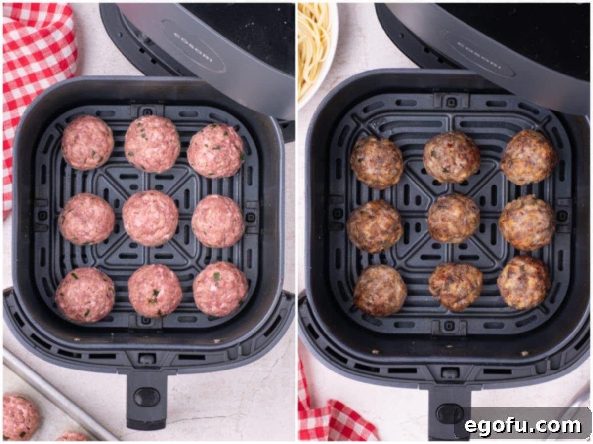 Effortlessly Delicious Air Fryer Meatballs 9 collage of two photos: raw meatballs in a air fryer; 9 cooked meatballs in air fryer basket.