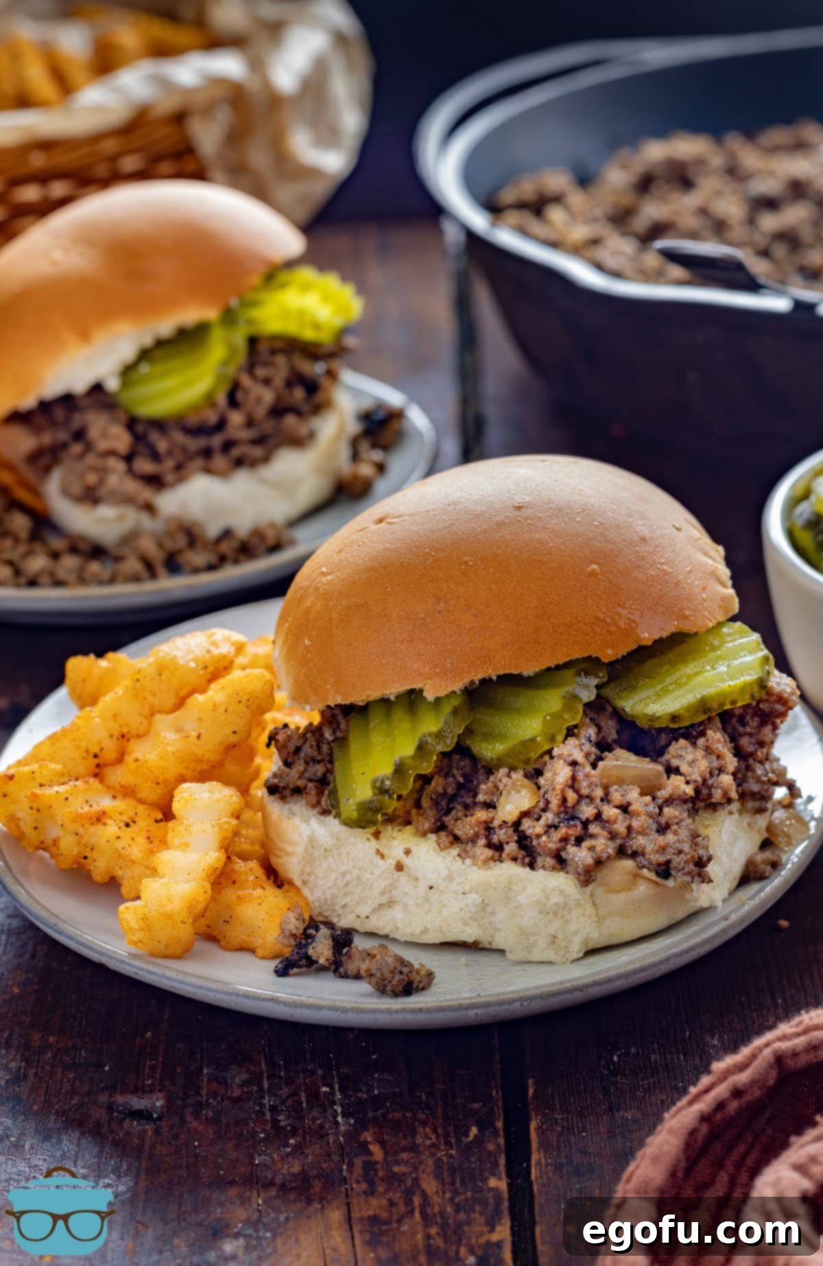 Crumble Burger 2 photo of maid rite sandwich on a plate served with French fries.