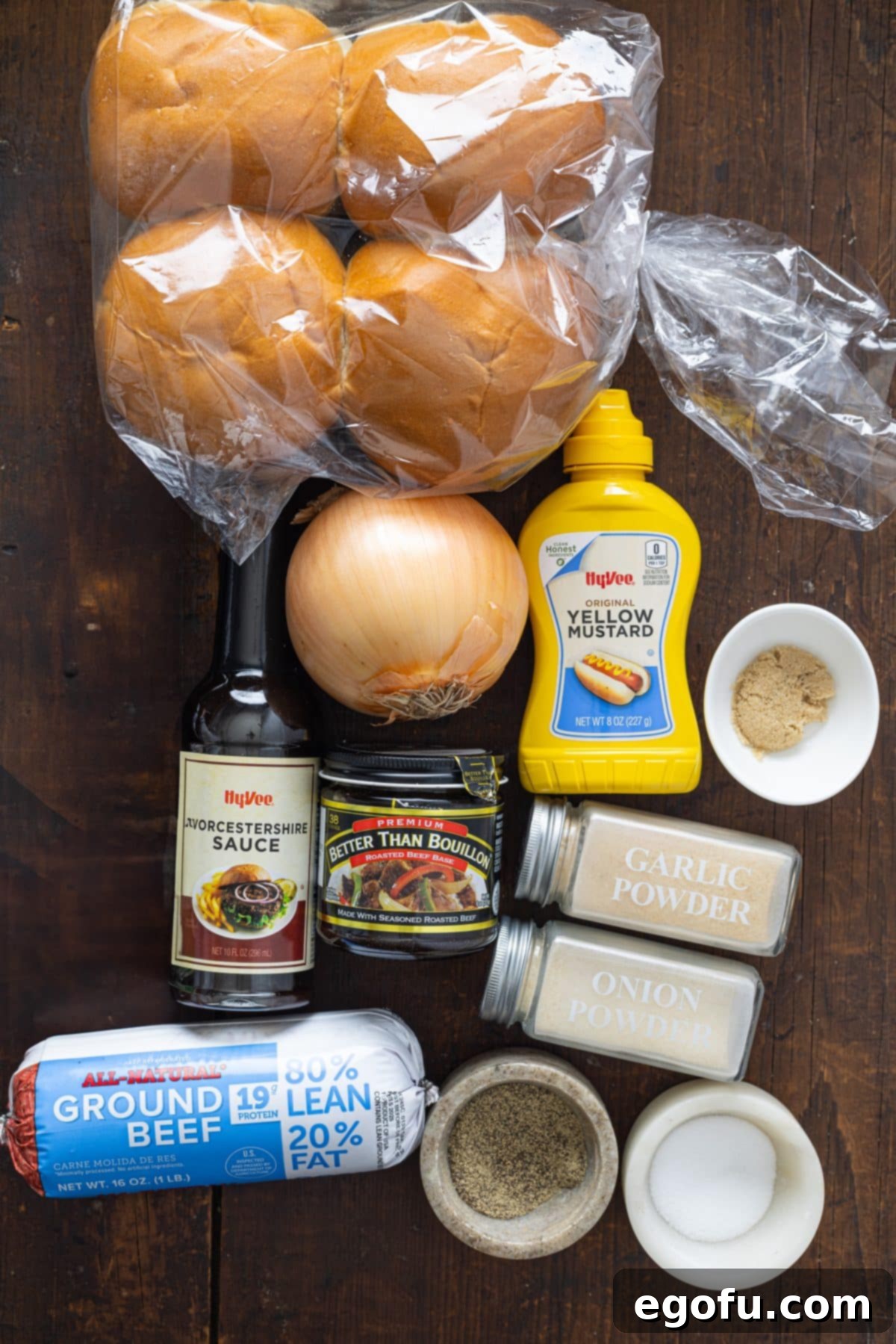 Crumble Burger 5 Ground beef, yellow mustard, onion, Worcestershire sauce, beef broth, light brown sugar, black pepper, onion powder, garlic powder, dill pickle chips, and hamburger buns.