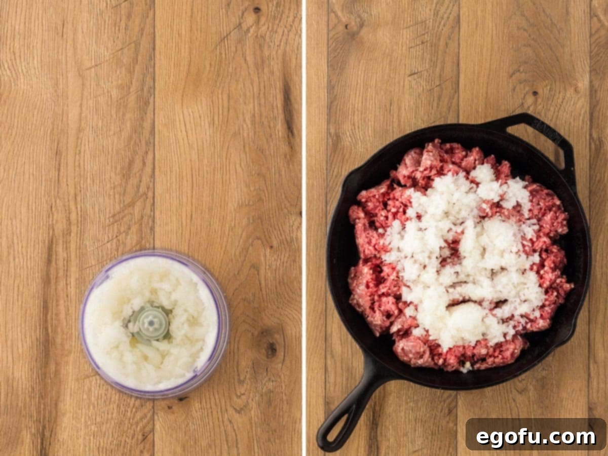 Crumble Burger 6 Finely chopped onion and Ground beef and onion in a skillet.