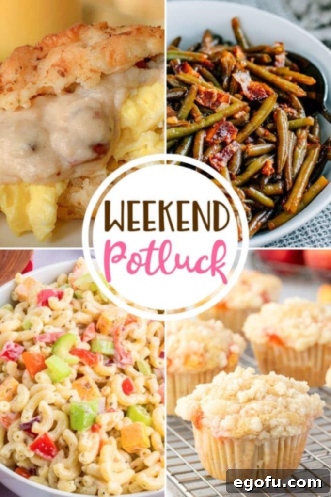 A vibrant collage showcasing featured Weekend Potluck recipes: rich Southern Ham Gravy, sweet Peach Cobbler Muffins, flavorful BBQ Green Beans, and creamy Amish Macaroni Salad.