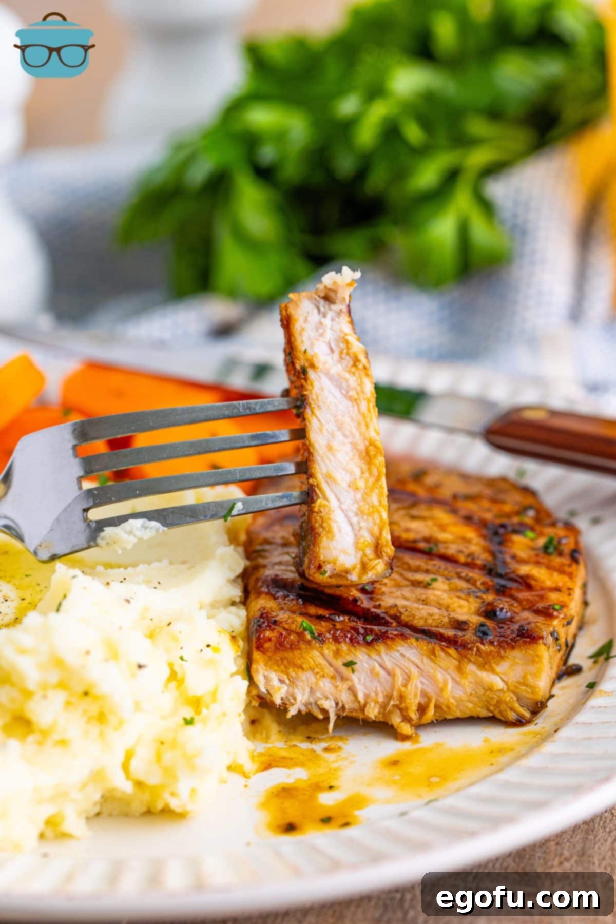 A fork holding a bite of perfectly grilled balsamic pork chops, showcasing their tender texture and delicious marinade.