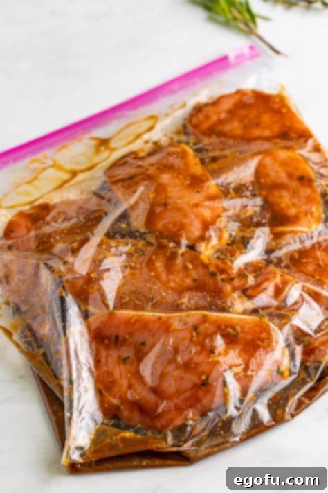 A Ziplock bag containing pork chops submerged in balsamic marinade, resting in the refrigerator.