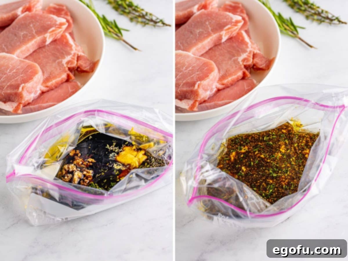 Two Ziplock bags with balsamic marinade prepared for use with pork chops.