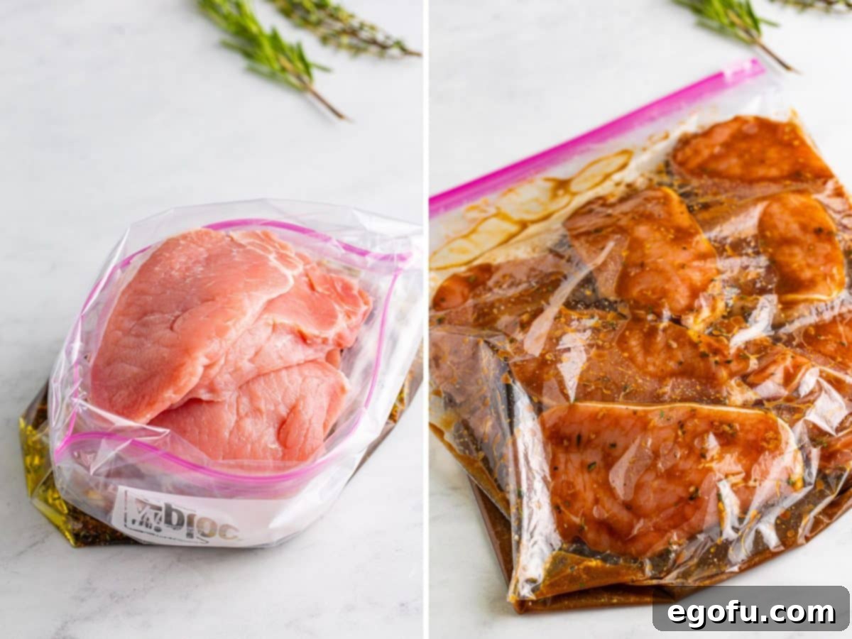 Pork Chops being added to the flavorful balsamic marinade in a Ziploc bag, and another bag showing marinated pork chops ready for grilling.