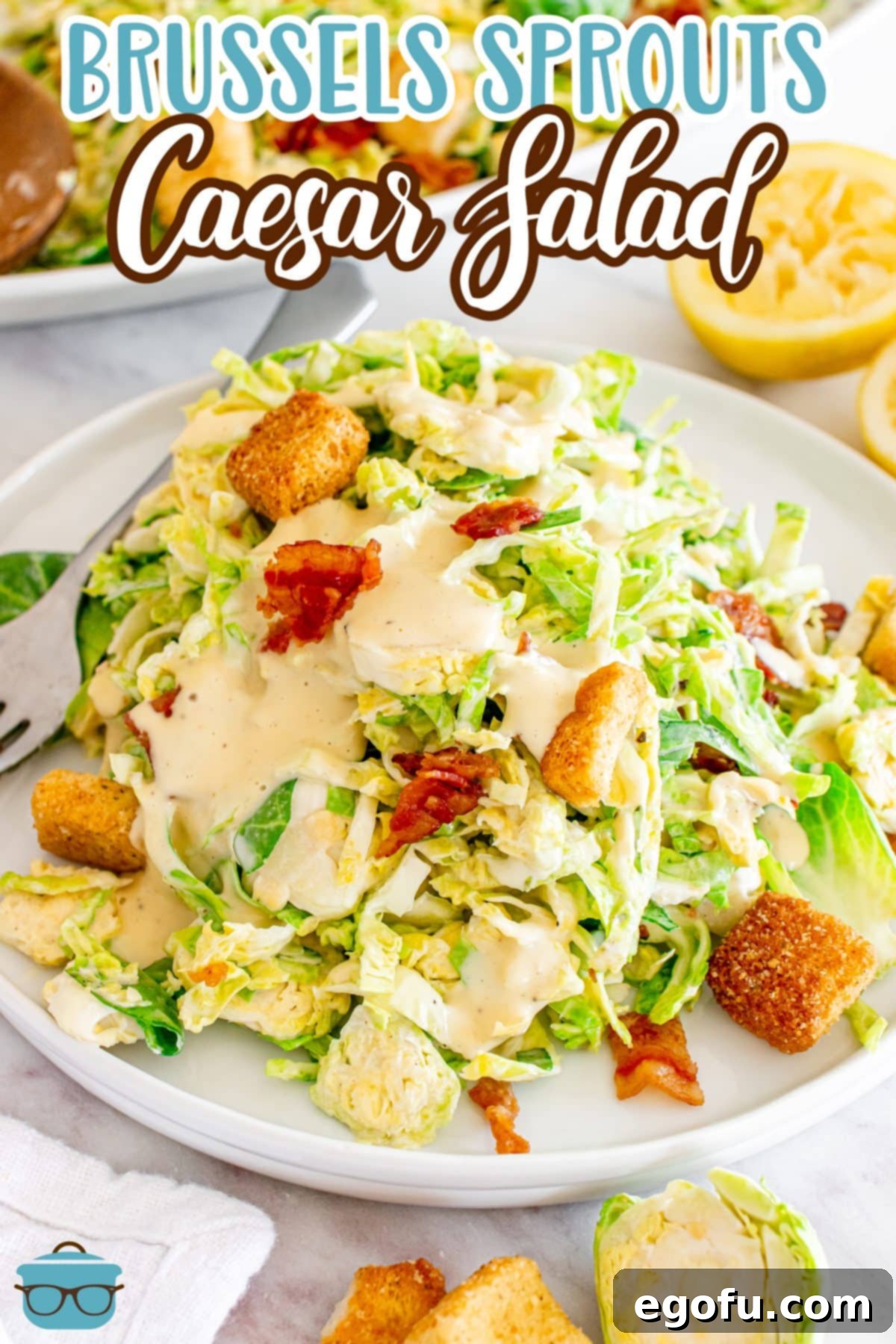 A plate with a heaping pile of Brussels Sprouts Caesar Salad.