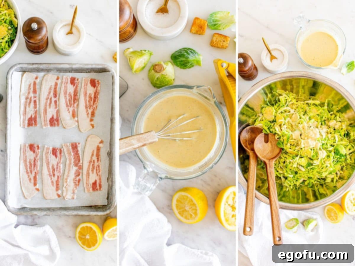 A pan of bacon, a bowl of homemade Caesar dressing and a bowl of Brussels sprouts salad.