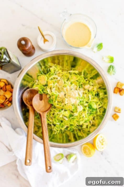 Brussels sprouts and croutons in a large mixing bowl.