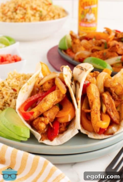 A plate with two Chicken Fajitas and the platter with the filling behind it.