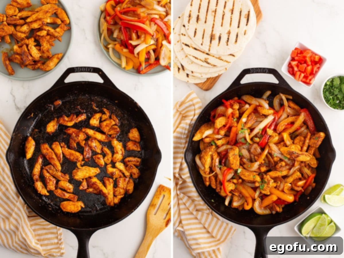 Cooked chicken sizzling in one skillet, with a separate skillet showing the chicken, onions, and peppers combined.