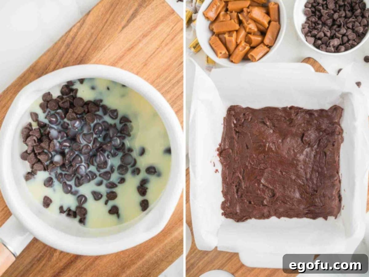 A parchment-lined baking dish with the first layer of melted chocolate and sweetened condensed milk, ready for chilling.