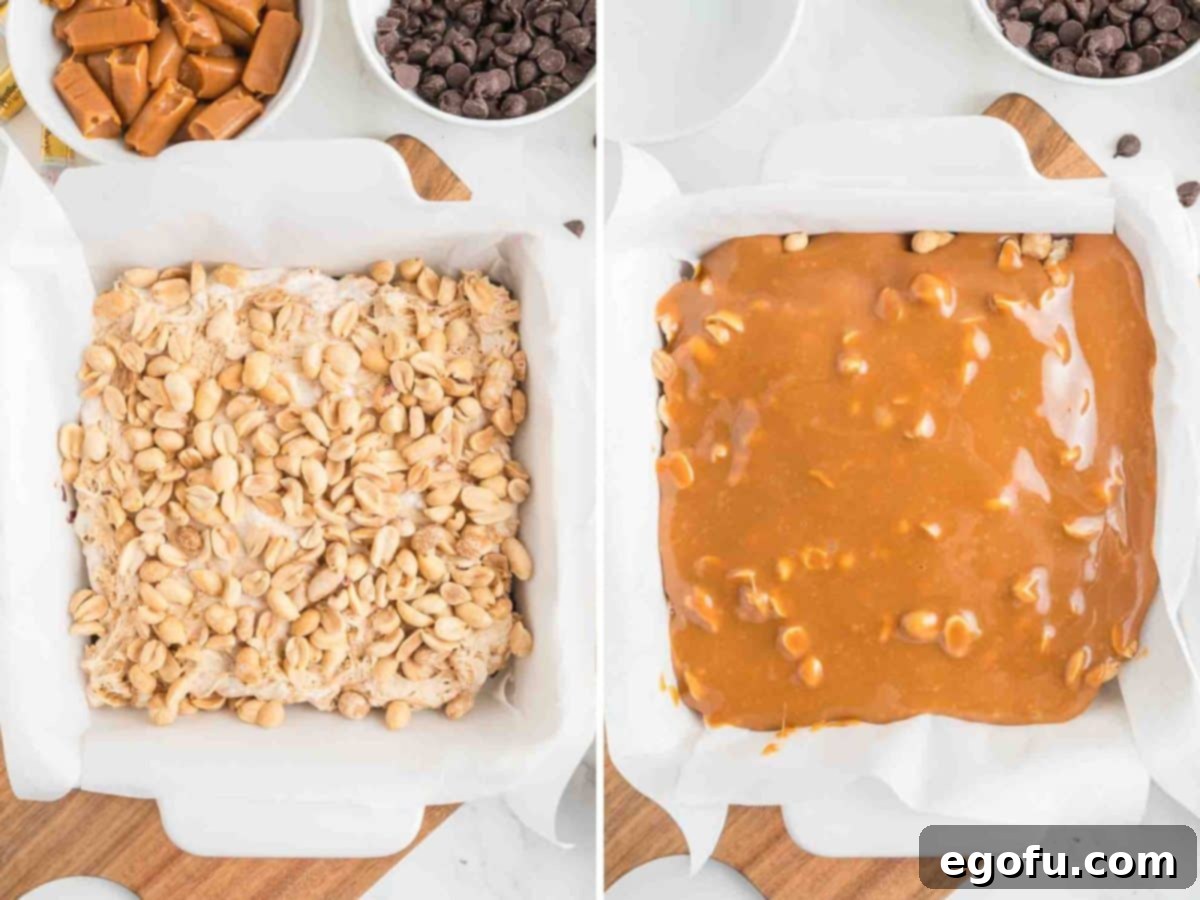 The third layer of crunchy salted peanuts generously sprinkled over the peanut butter nougat.