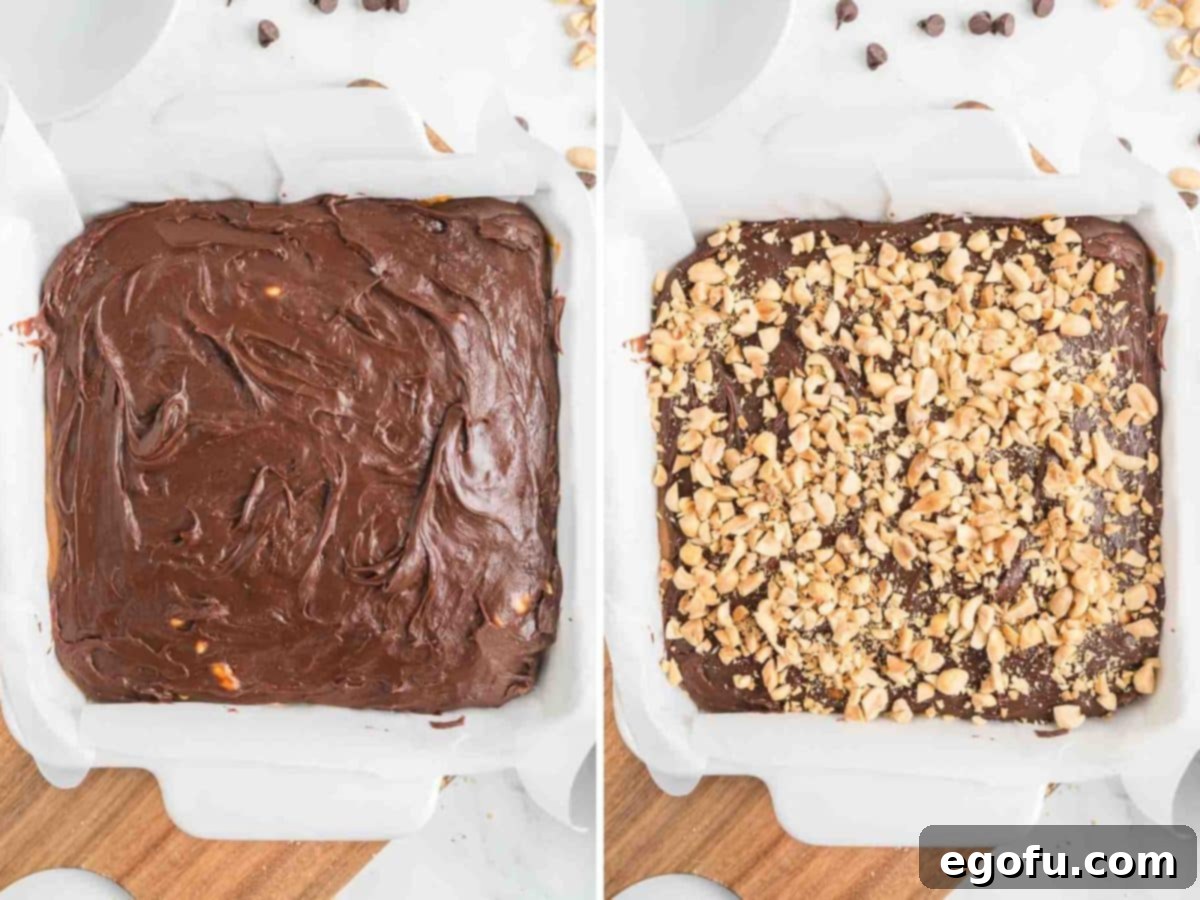 The smooth, melted caramel layer being poured over the peanuts in the baking dish.