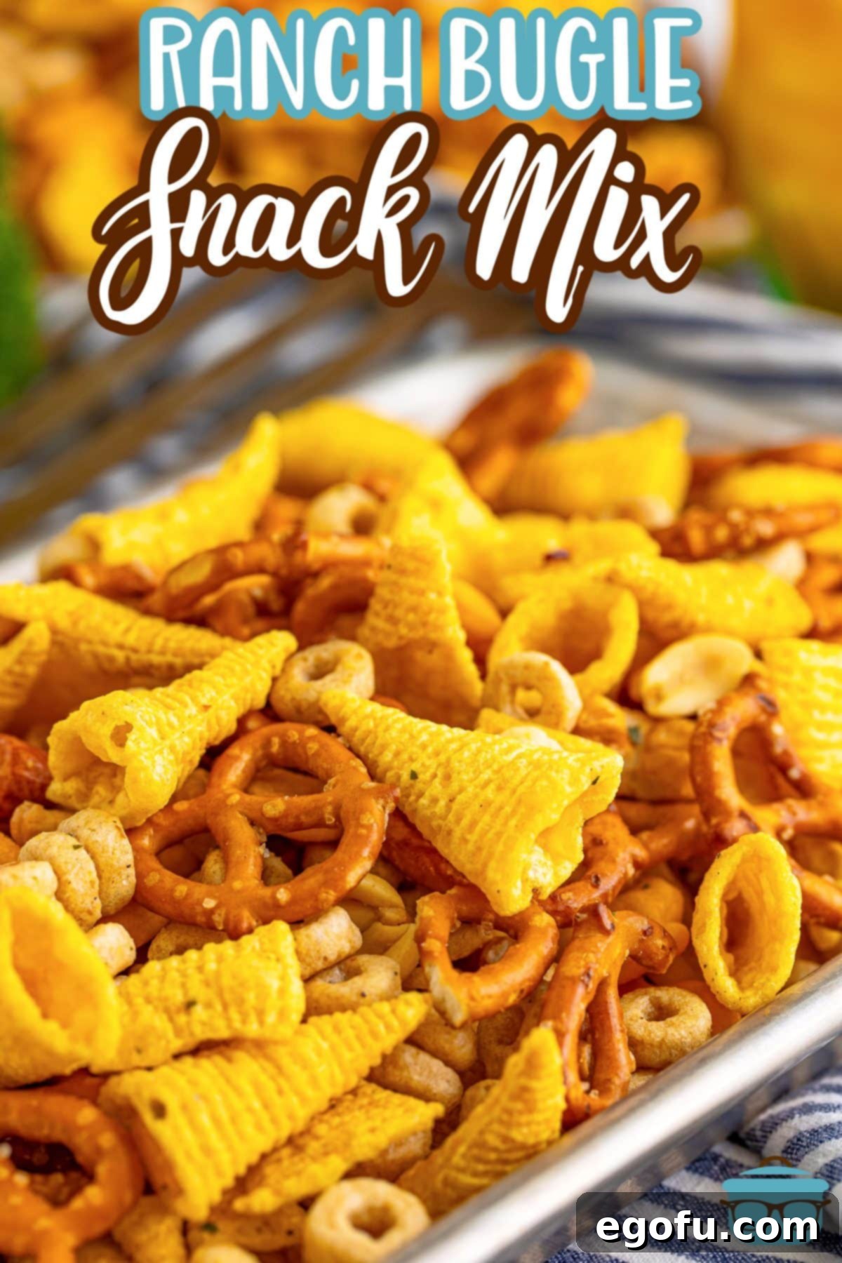 A tray filled with a Bugle Ranch flavored Snack Mix.