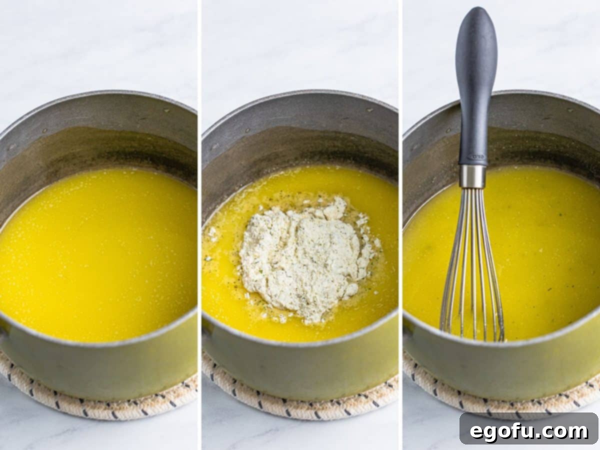 A pot with melted butter, a pot with melted butter and Ranch Seasoning, and a pot with melted butter and Ranch and a whisk.