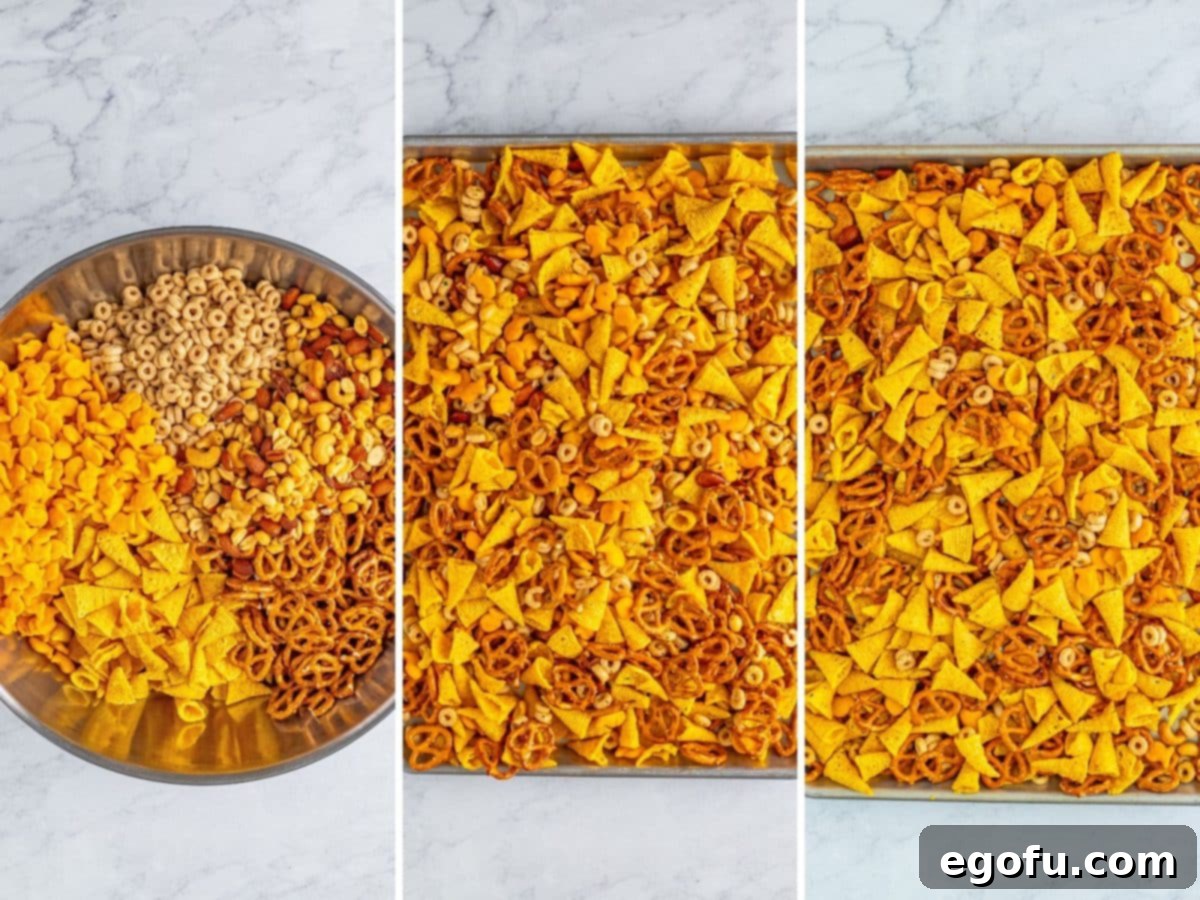 A bowl with Ranch Bugle Snack Mix ingredients waiting to be stirred together two baking sheets with a snack mix mixture waiting to be baked. 