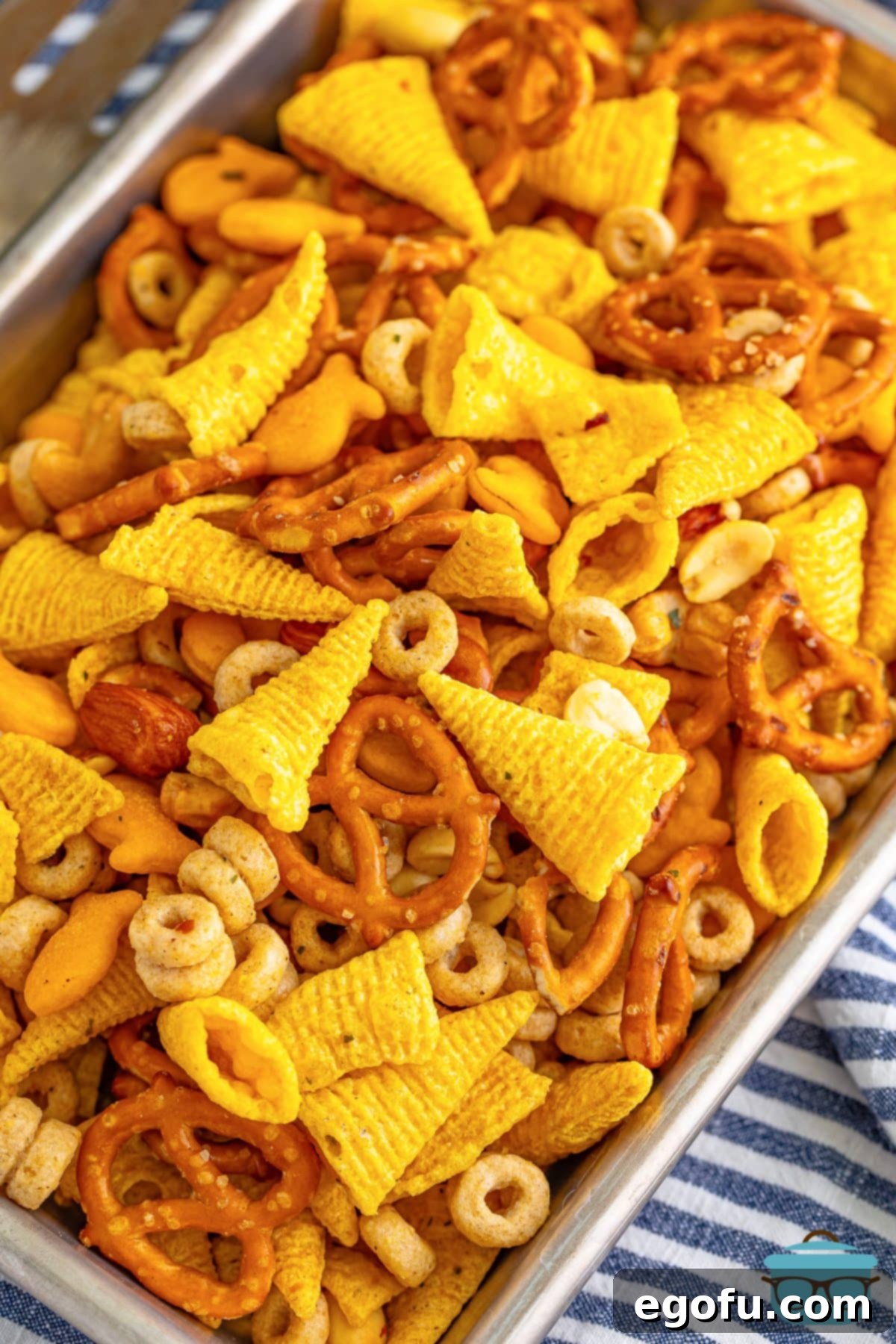 Looking down on a tray of Ranch Bugle Snack Mix.