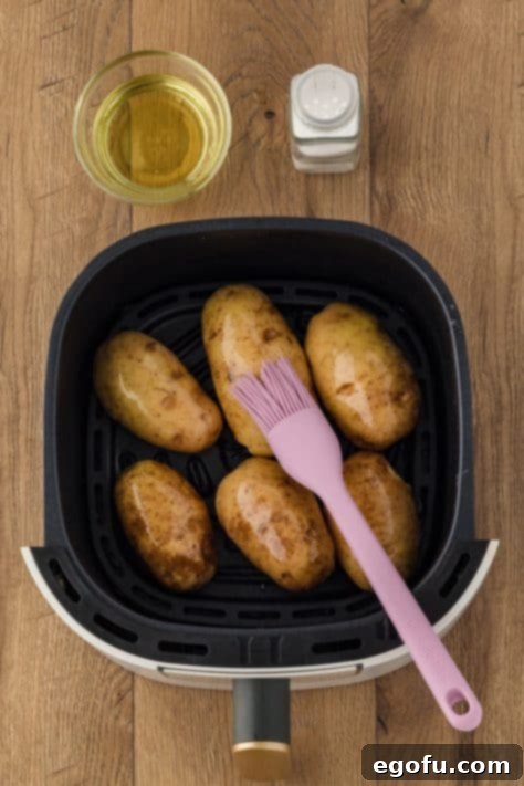 A few potatoes in an Air Fryer basket getting rubbed with oil.