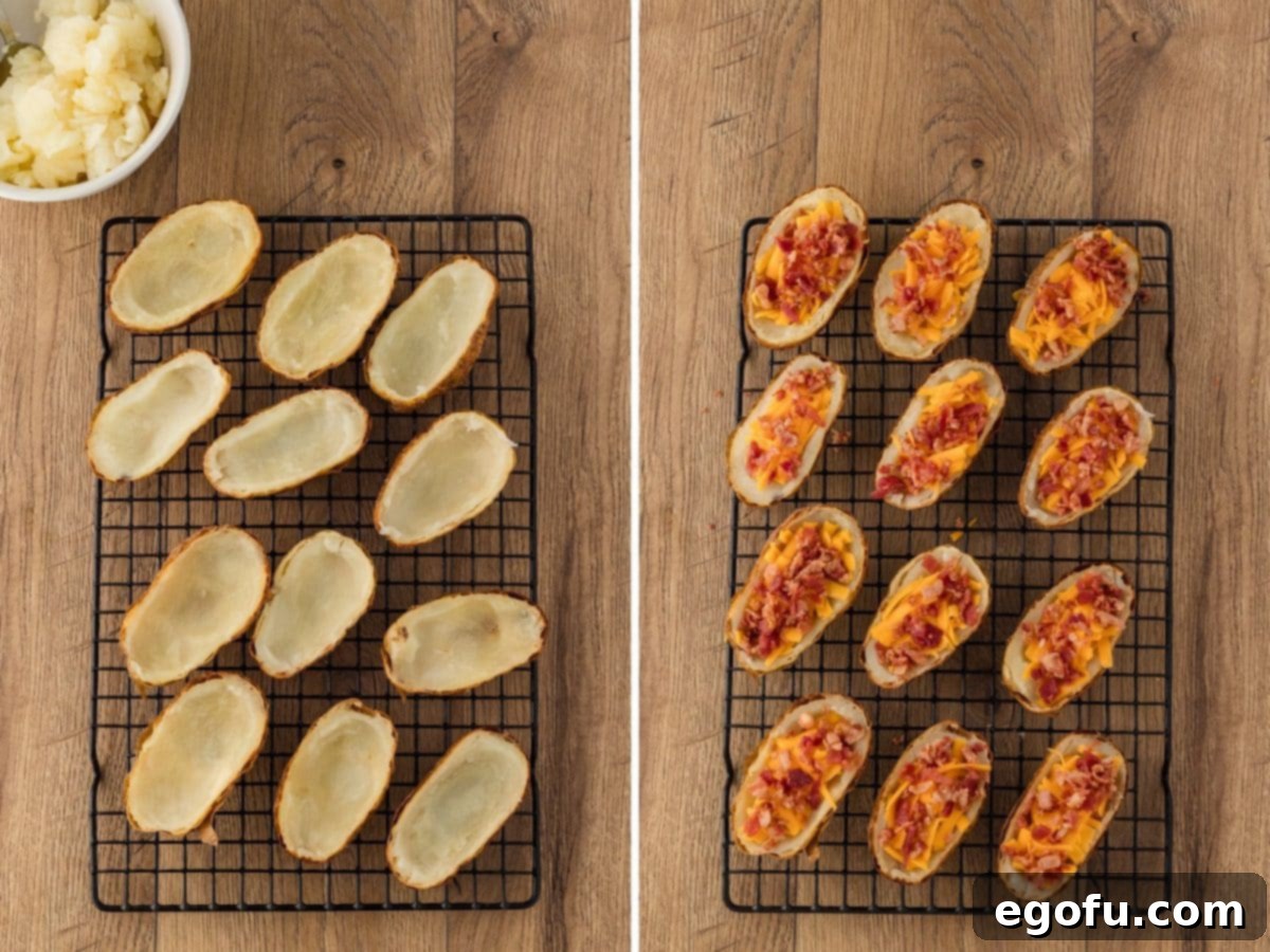 Two images side-by-side: first shows halved, scooped-out potato skins; second shows the skins loaded with shredded cheese and bacon pieces.