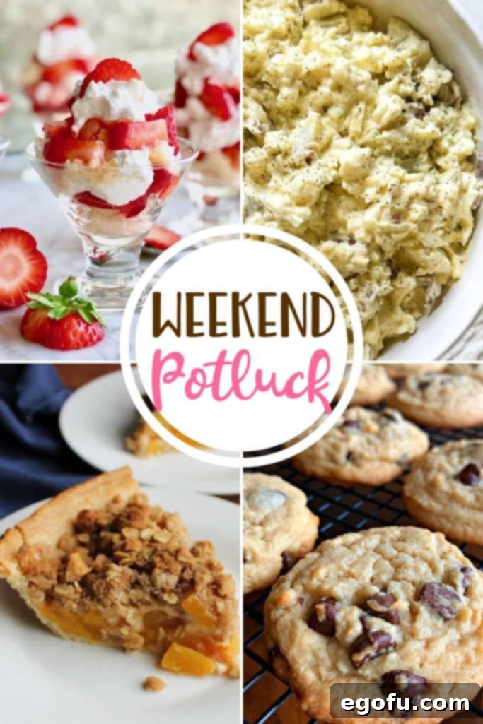 Weekend Potluck featured recipes: Mini Strawberry Shortcakes, Peach Crumble Pie and Bisquick Chocolate Chip Cookies – an array of sweet and savory dishes for your next meal.