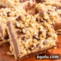 Close up looking at a No Bake Chocolate Peanut Butter Oatmeal bar, showing its textured layers and delicious appeal.