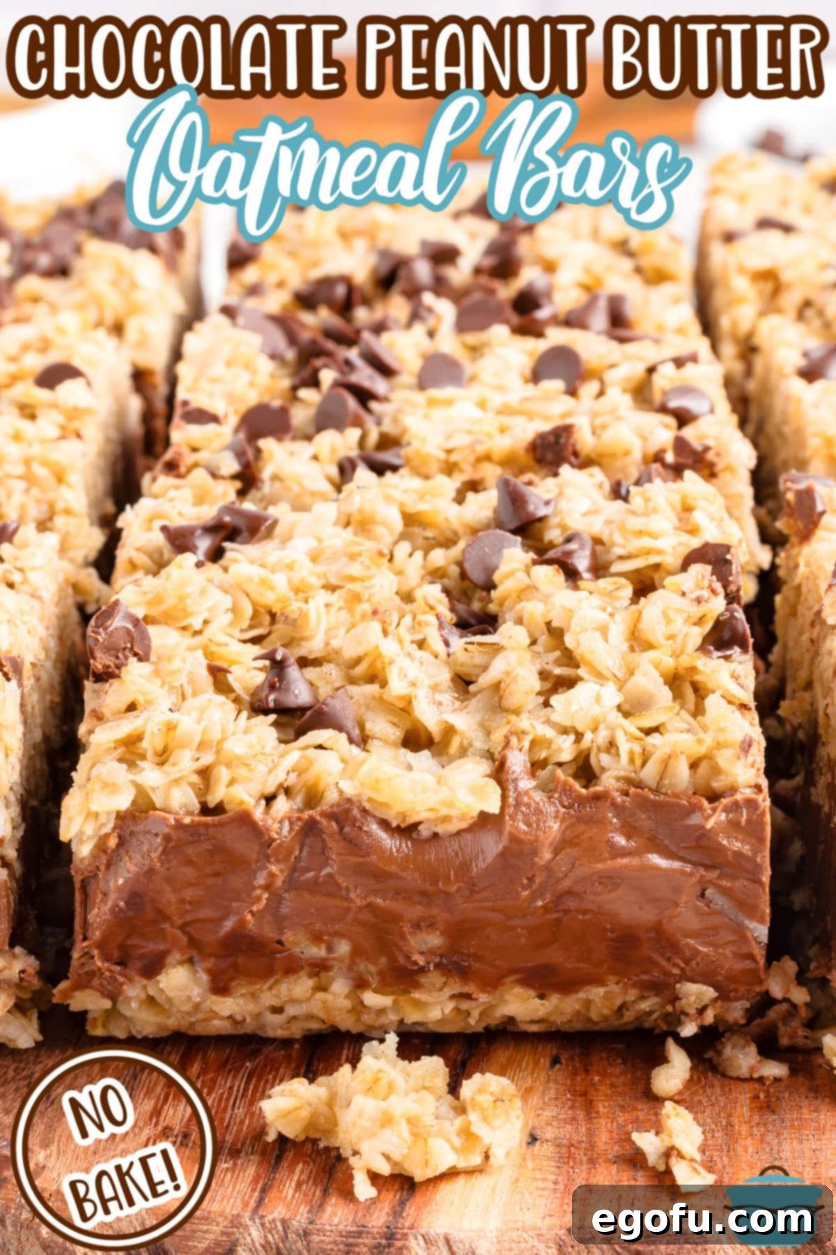 Perfectly sliced No Bake Chocolate Peanut Butter Oatmeal Bars showcasing their distinct layers of oat mixture and chocolate peanut butter.