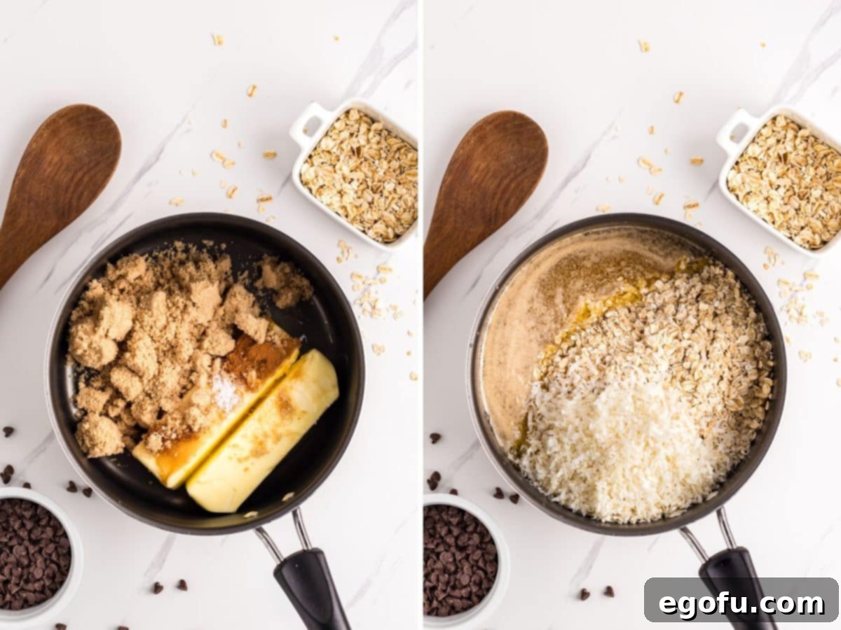 Two saucepans on a stovetop. One contains melted butter, brown sugar, vanilla, cinnamon, and salt, while the other shows oats and coconut flakes being added to a similar base.