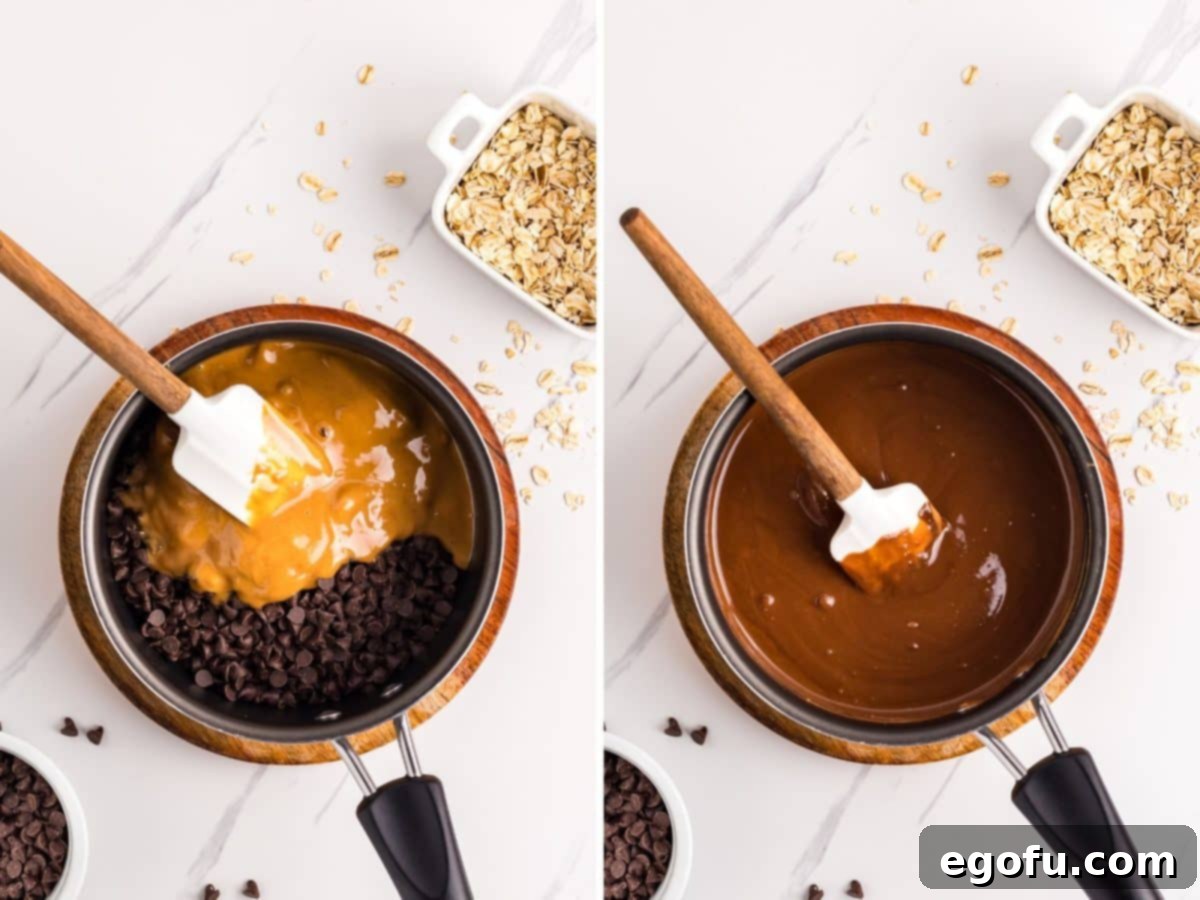 A small saucepan showing the chocolate and peanut butter mixture being stirred, transforming into a smooth, decadent sauce.