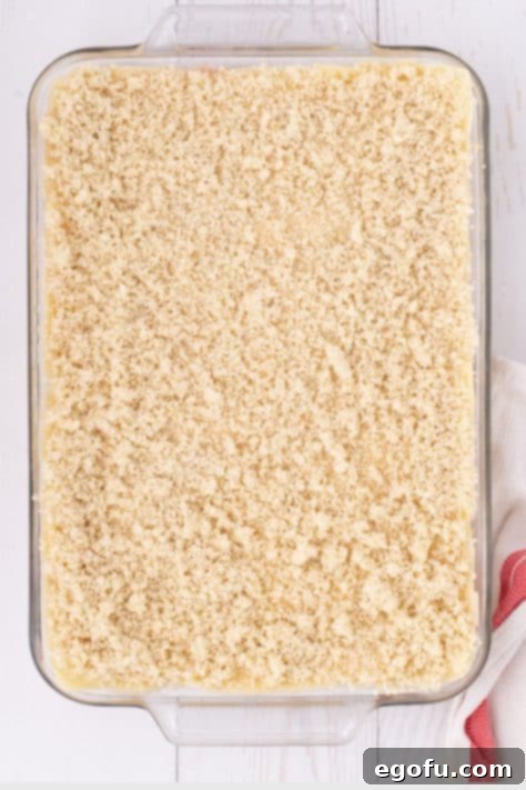 Golden Baked Chicken Ham and Swiss Casserole 20 Panko crumbs on top of a casserole in a dish.