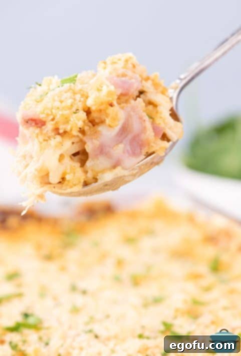 Golden Baked Chicken Ham and Swiss Casserole 22 A scoop of Chicken Cordon Bleu Casserole being lifted out of the serving dish.