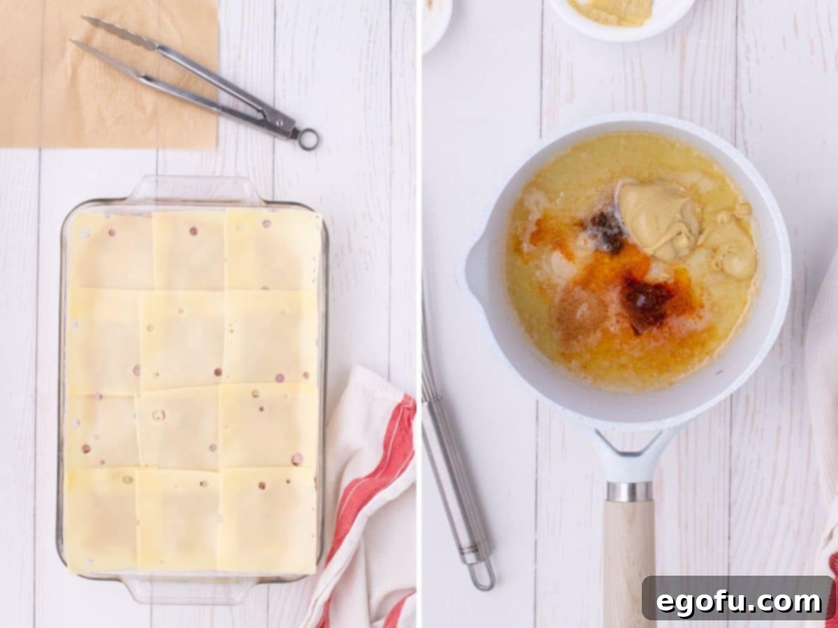 Golden Baked Chicken Ham and Swiss Casserole 6 Swiss cheese slices covering a layer of ham and chicken in a baking dish, and a pot with melted butter and spices.