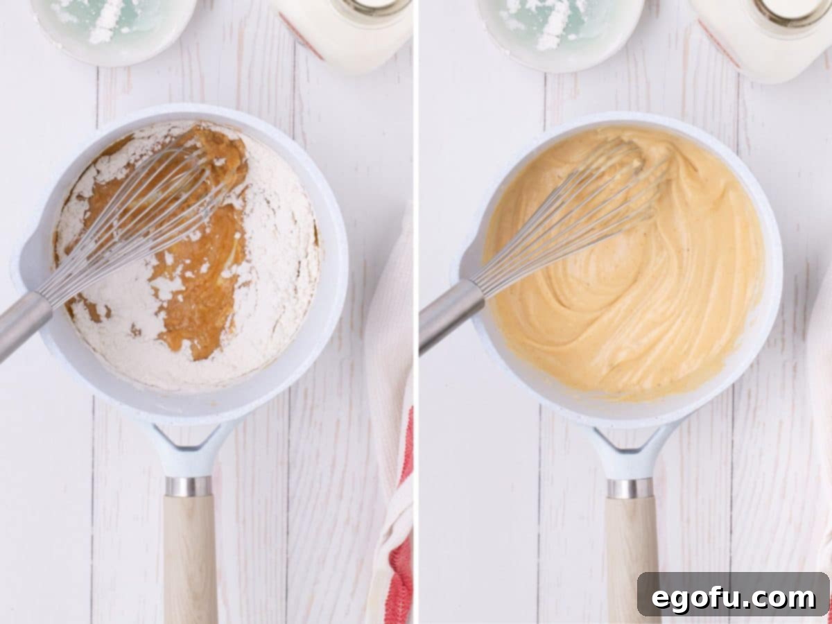 Golden Baked Chicken Ham and Swiss Casserole 7 Flour being added to a pan with a butter and spice mixture, followed by a thick, creamy sauce in a pot.