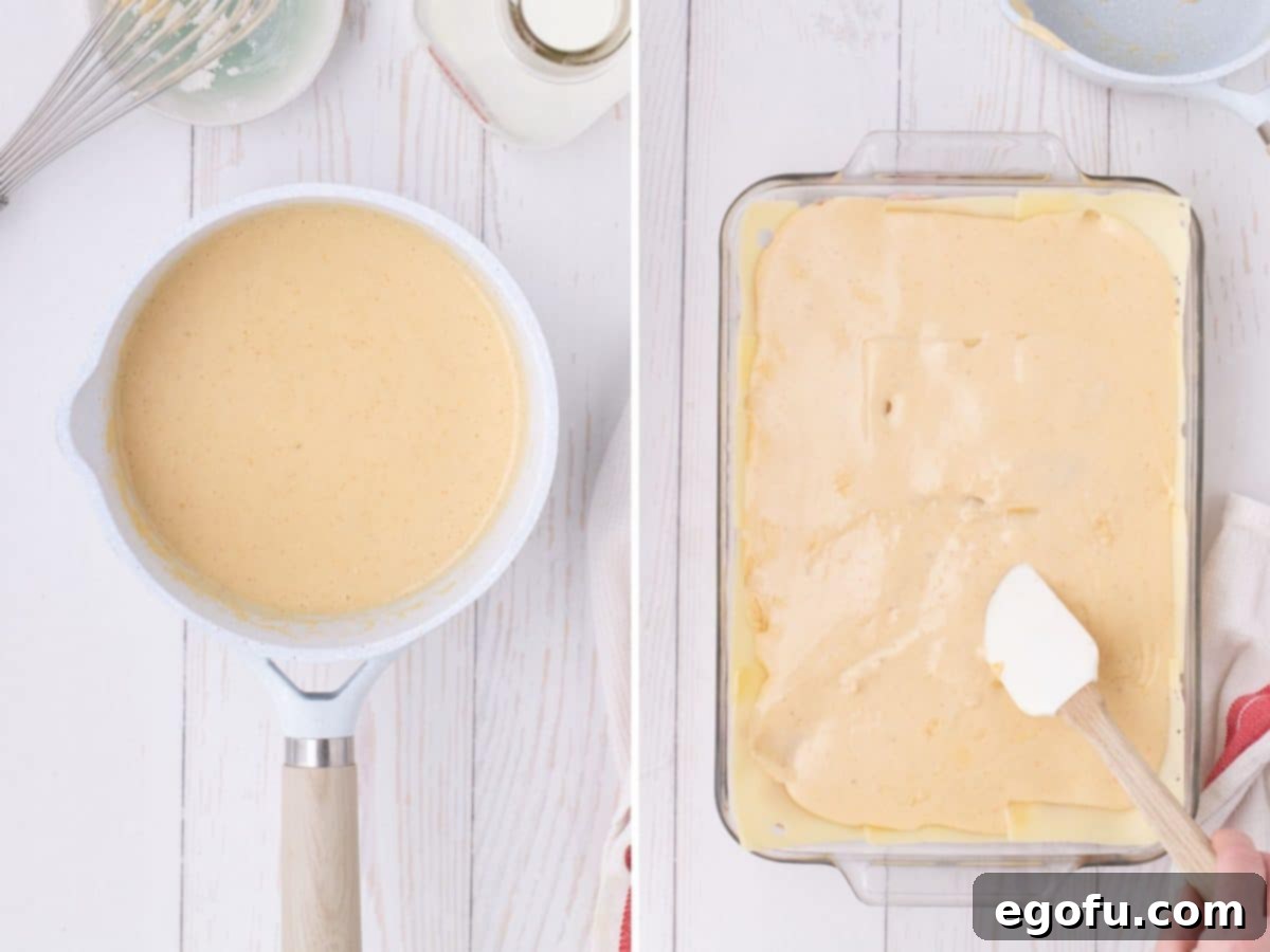 Golden Baked Chicken Ham and Swiss Casserole 8 A creamy sauce in a pot, and a hand spreading the finished sauce over the cheese layer in a baking dish.