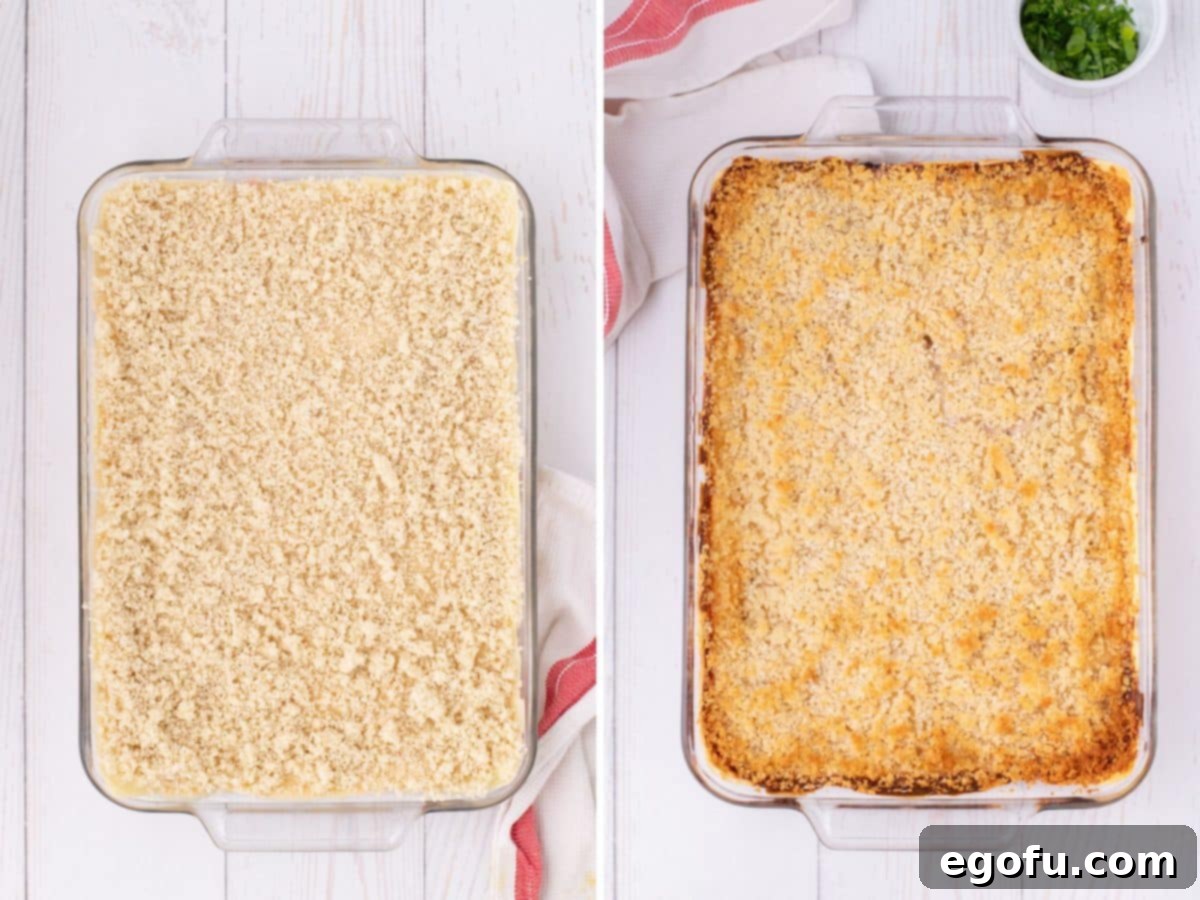 Golden Baked Chicken Ham and Swiss Casserole 9 An unbaked casserole topped with Panko breadcrumbs, and a beautifully baked, golden brown Chicken Cordon Bleu Casserole in a baking dish.