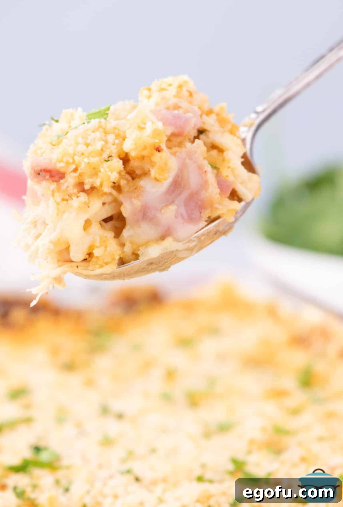 Golden Baked Chicken Ham and Swiss Casserole 10 A scoop of Chicken Cordon Bleu Casserole being lifted out of the serving dish, showing its creamy texture.