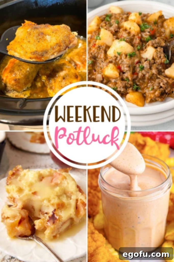 Weekend Wonder: 3-Ingredient Slow Cooker Chicken 2 A vibrant collage featuring the best potluck recipes: 3-Ingredient Slow Cooker Chicken, Hearty Hamburger Hash, Sweet Peach Cobbler Bread Pudding, and Zesty Raising Cane's Sauce.