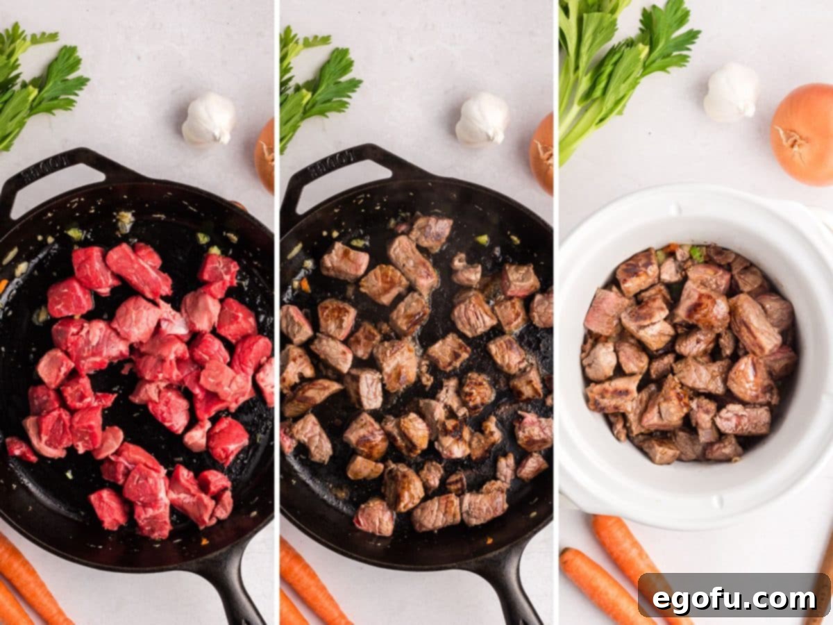 A cast iron skillet with raw chuck steak. A skillet with browned chuck steak and Crock pot with veggies and seared chuck steak.