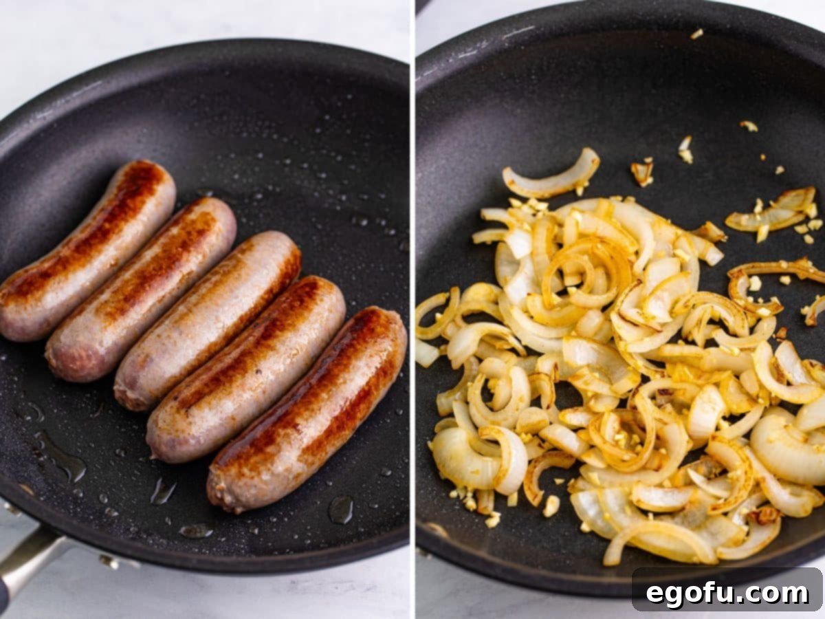 Hearty Slow Cooker Brats with Sauerkraut 5 Bratwurst searing in a skillet.