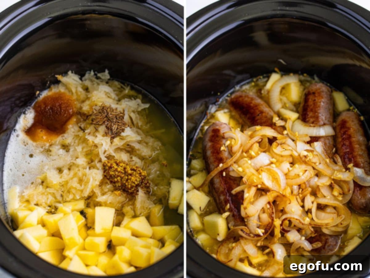 Hearty Slow Cooker Brats with Sauerkraut 6 A slow cooker with sauerkraut, apple, beer, brown sugar, mustard, and caraway seeds, ready for brats.