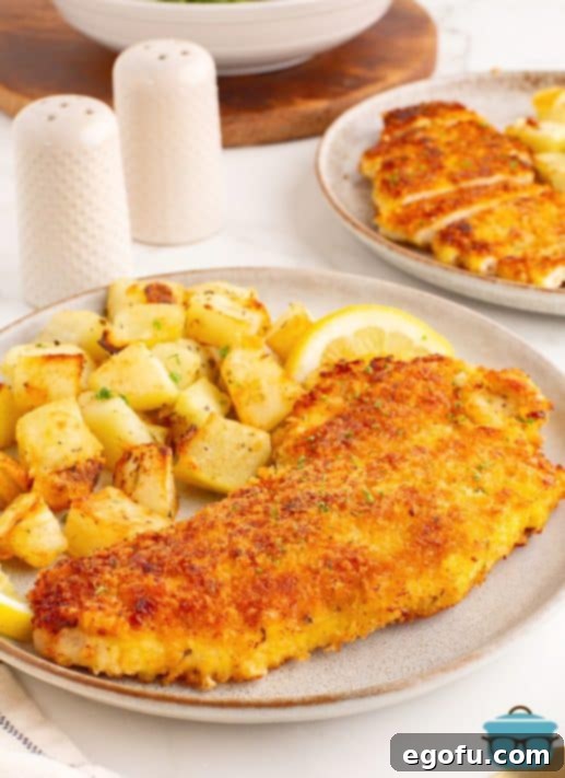 Crispy Parmesan Chicken Delight 13 A plate of Parmesan Crusted Chicken beautifully presented with side potatoes and a lemon wedge.