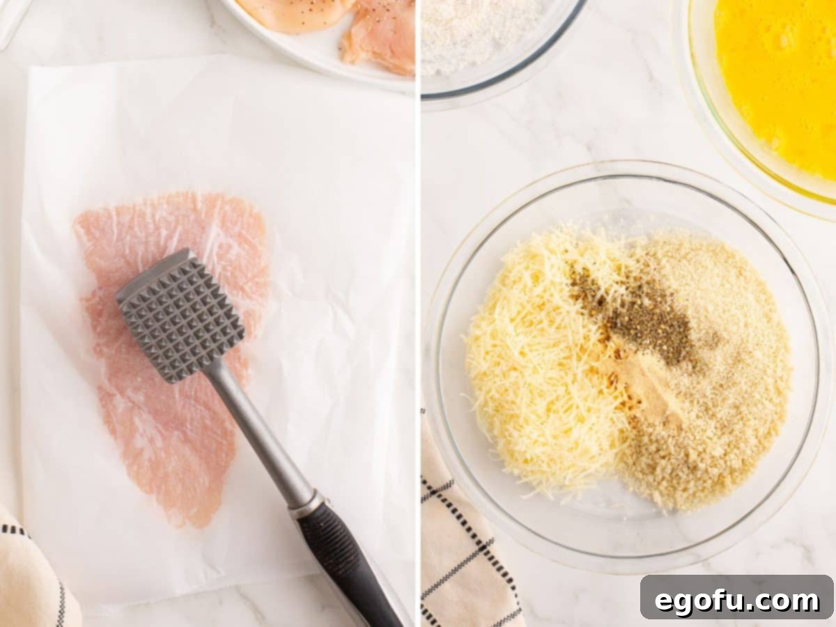 Crispy Parmesan Chicken Delight 5 A kitchen mallet effectively flattening a chicken breast, shown alongside a bowl brimming with the pre-mixed breading ingredients.