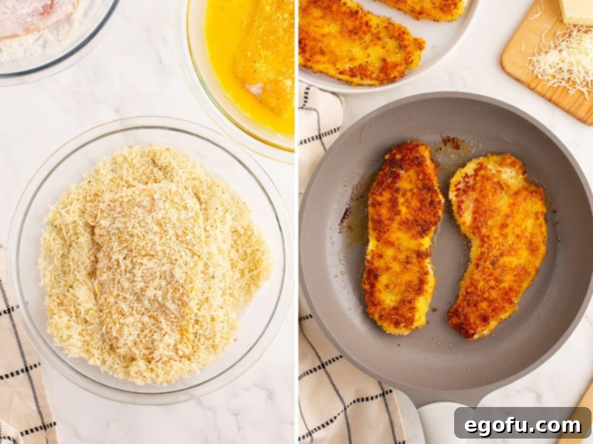 Crispy Parmesan Chicken Delight 6 A close-up view of a chicken piece being carefully coated in a delectable crumb mixture, placed beside two pieces of freshly cooked Parmesan Crusted Chicken sizzling enticingly in a skillet.