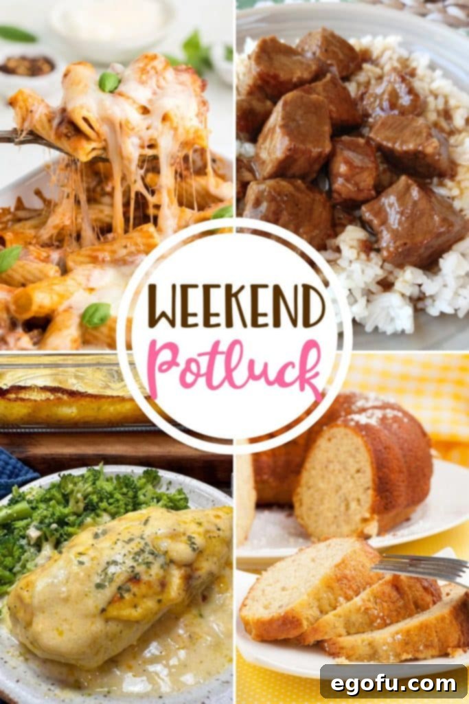 Ultimate Creamy Ranch Chicken Casserole 2 A vibrant collage showcasing the featured Weekend Potluck recipes: Creamy Ranch Chicken Casserole, a slice of Banana Pudding Cake, a dish of Baked Rigatoni with ground beef, and a serving of Stewed Beef with Gravy. Perfect for family meals and gatherings.