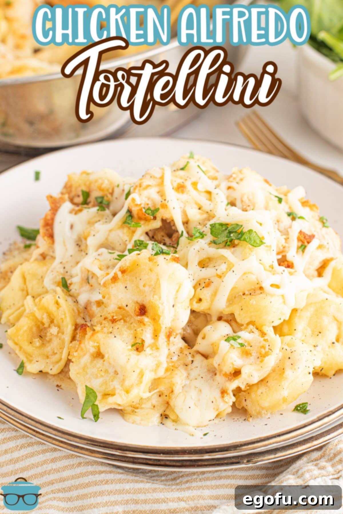 A beautifully plated dish of Chicken Alfredo Tortellini, ready to be enjoyed, highlighting its rich sauce and golden chicken.