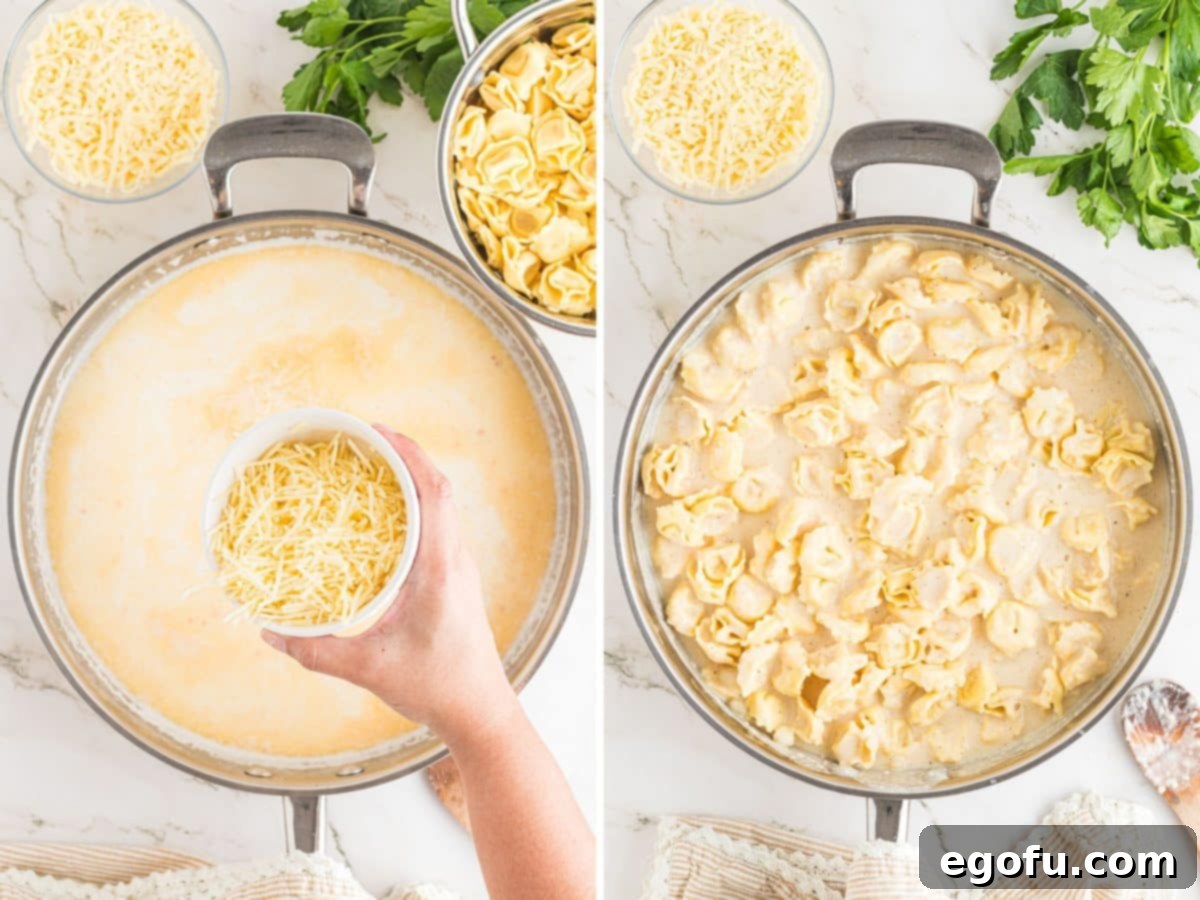 A hand adding a generous amount of Parmesan cheese into a creamy sauce, and a skillet filled with cheese tortellini generously coated in Alfredo sauce.